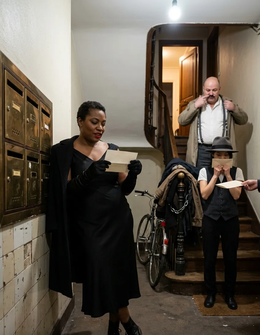 Dans une cage d'escalier, une participante lit l'enveloppe qu'on vient de lui remettre, sans avoir retiré son manteau